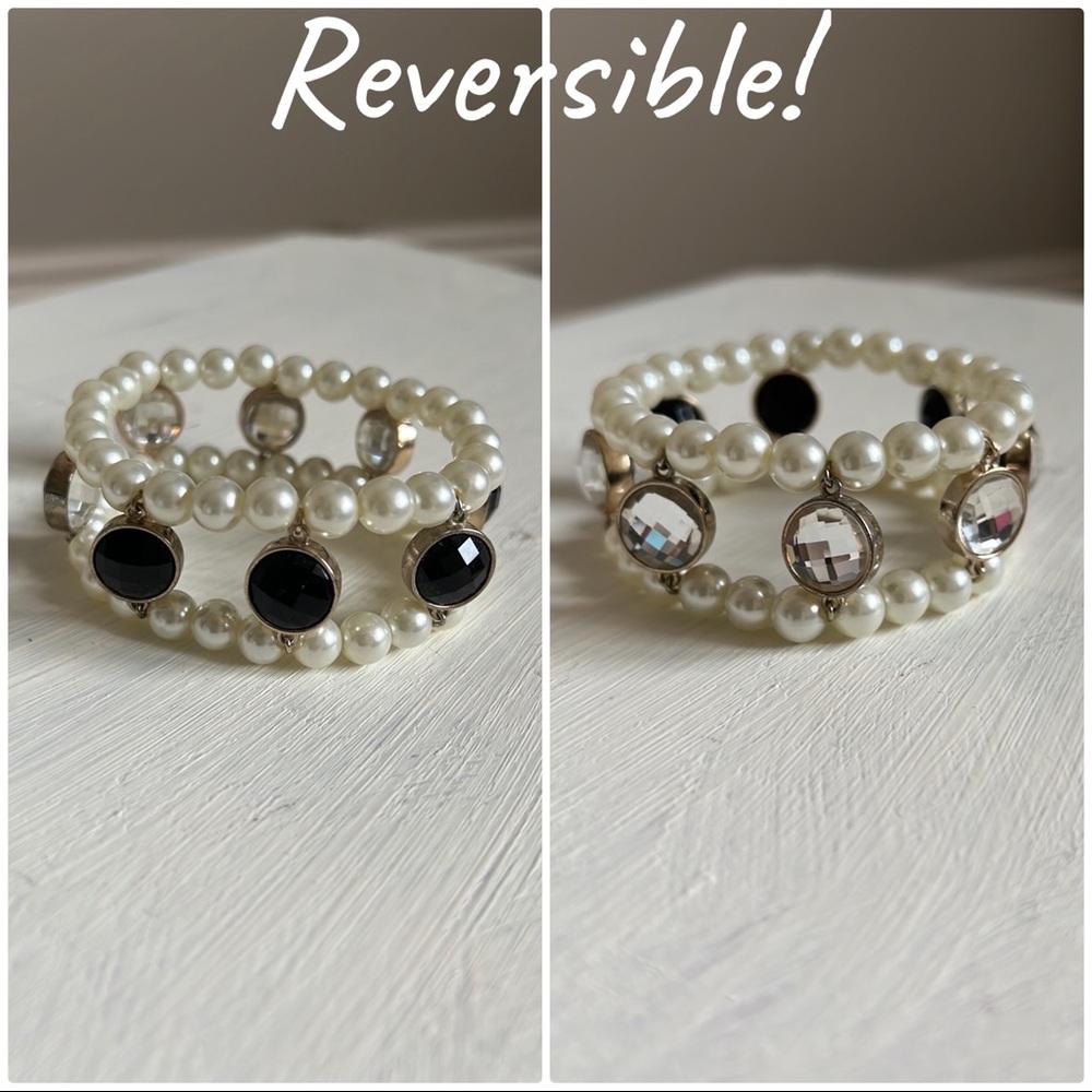 White House Black Market Pearl Reversible black Clear Stone Stretch Bracelet